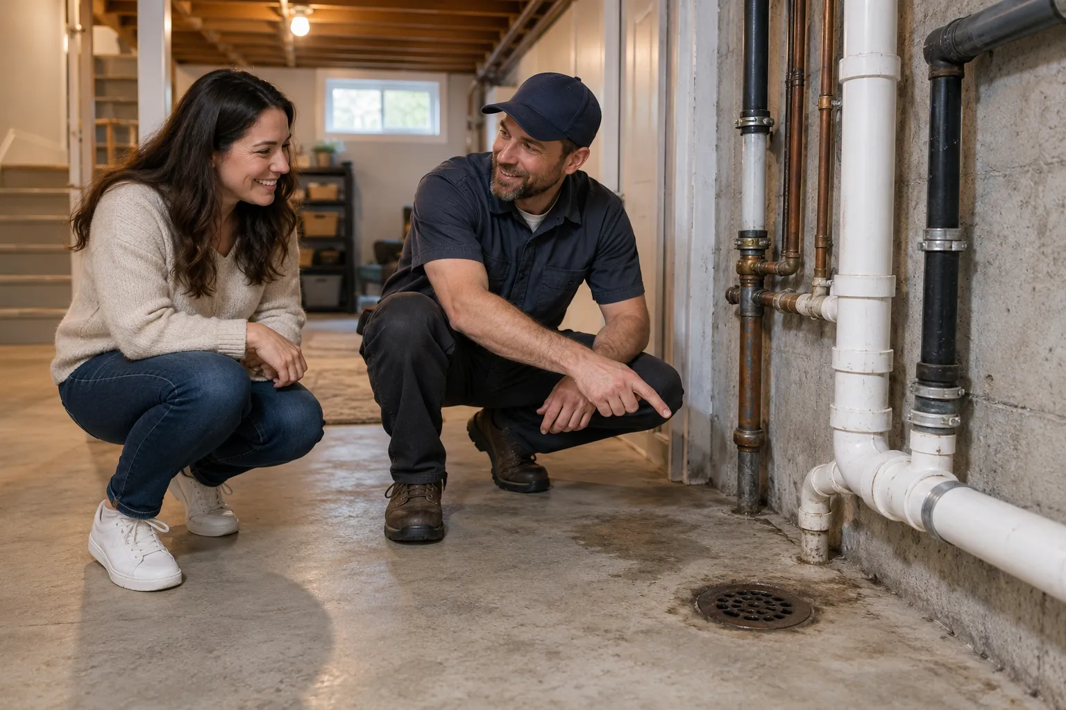 Homeowner talking with a plumbing provider in a basement in the Gaithersburg area